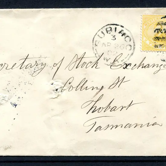 1902 (26th Apr) Subiaco to Hobart Tatts cover ...
