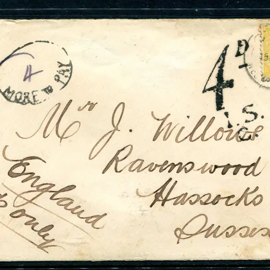 1907 (15th Jul) Cue to Sussex taxed cover endorsed ...