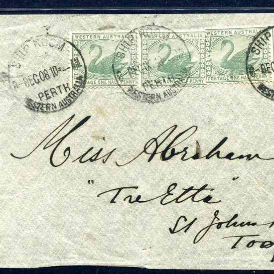 1910 (8th Dec) Cover with 2 x ½d swans pairs tied ...