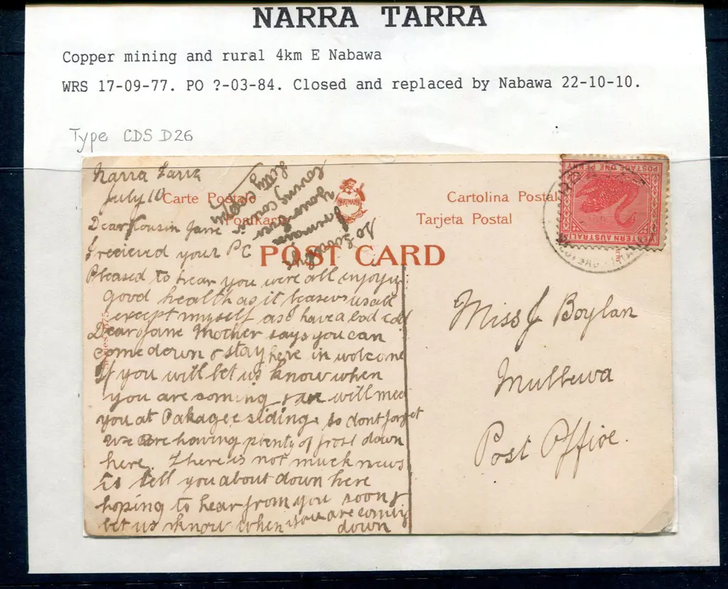 1910c Narra Tarra D26 cds tying 1d swan to ... Image 1++