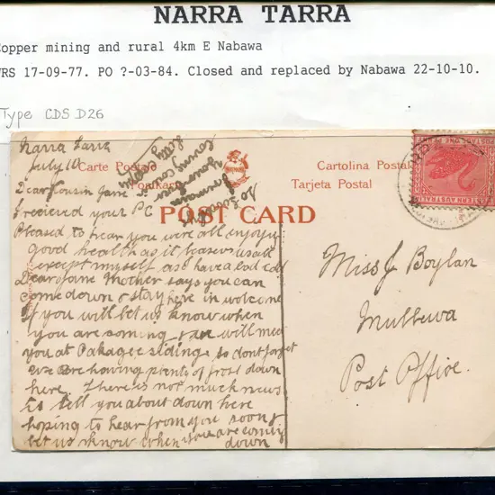 1910c Narra Tarra D26 cds tying 1d swan to ...