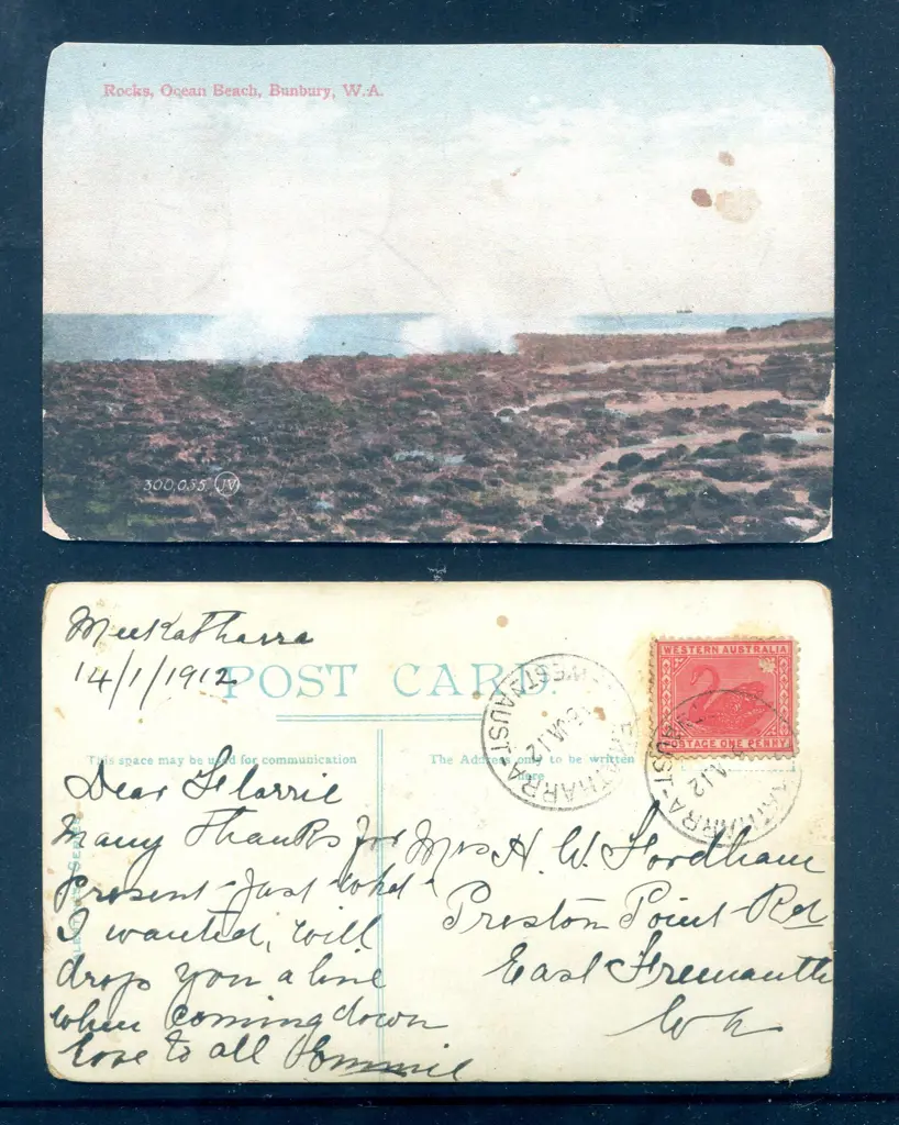 1912 (15th Jan) "Rocks, Ocean Beach, Bunbury, ... Image 1++