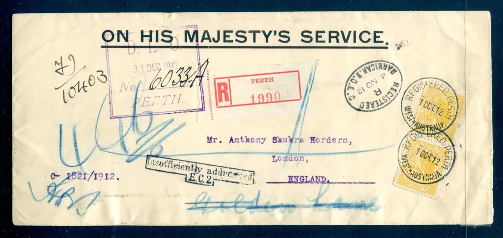 1912 (1st Oct) OHMS Registered cover with 2d ... Image 1++