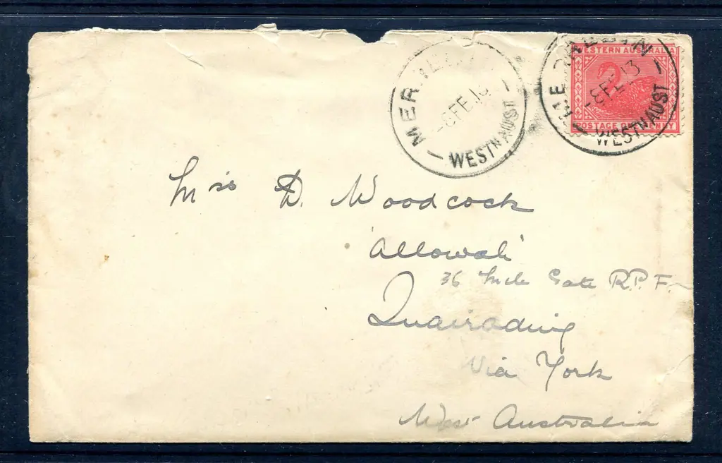 1913 (8th Feb) Merredin to Quairading cover with ... Image 1++