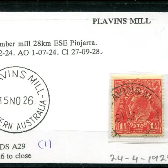 Plavins Mill A29 65% strike on 1½d red KGV for 24 ...