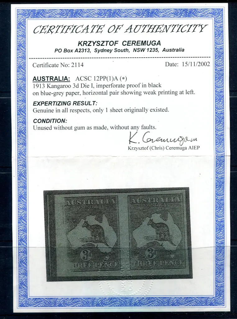 1913 3d, Die I imperforate plate proof in black on ... Image 1++
