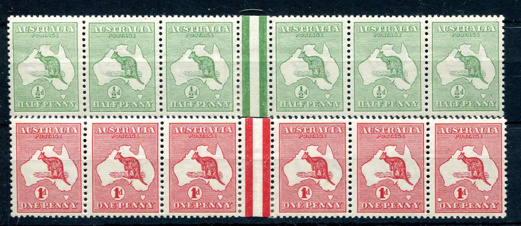 ½d green & 1d red, Die I horiz gutter strips of 6. ... Image 1++