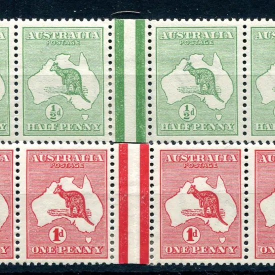 ½d green & 1d red, Die I horiz gutter strips of 6. ...
