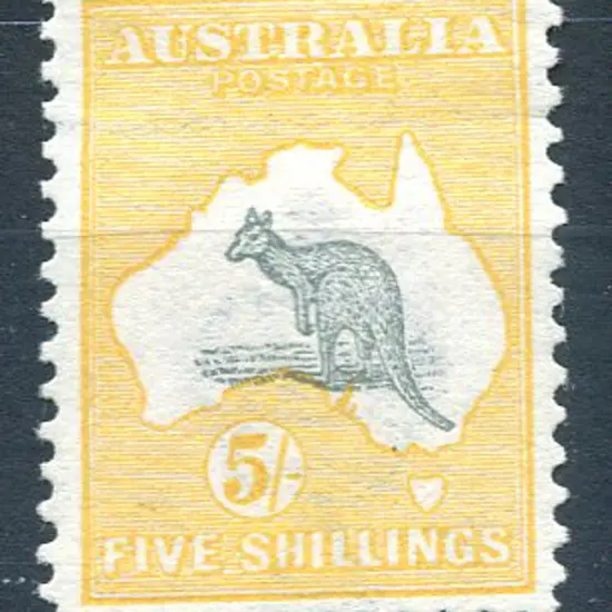 5/- grey & yellow with kangaroo centred down ...