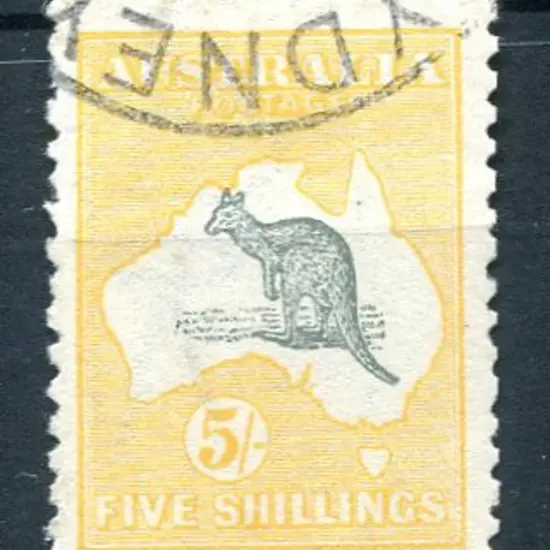 5/- deep grey & yellow. F/U by part Sydney cds at ...