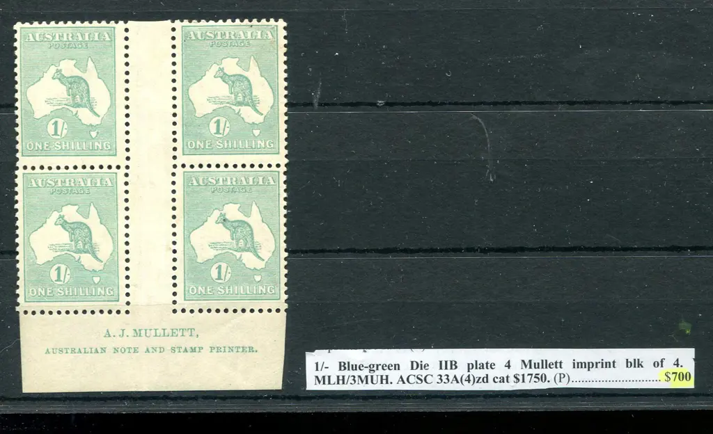 1/- blue-green, Die IIB plate 4 Mullett block of ... Image 1++
