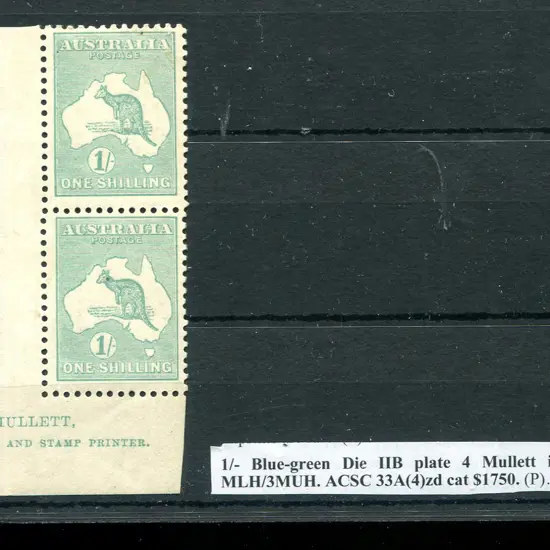 1/- blue-green, Die IIB plate 4 Mullett block of ...