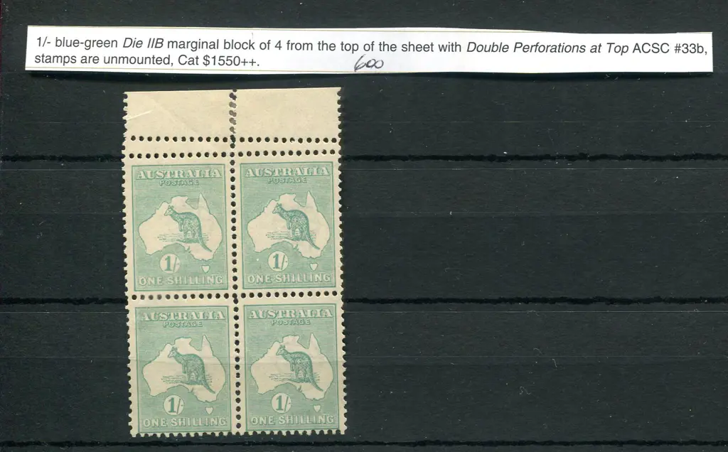 1/- blue-green, Die IIB top marginal block of 4 ... Image 1++