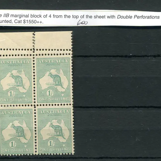 1/- blue-green, Die IIB top marginal block of 4 ...