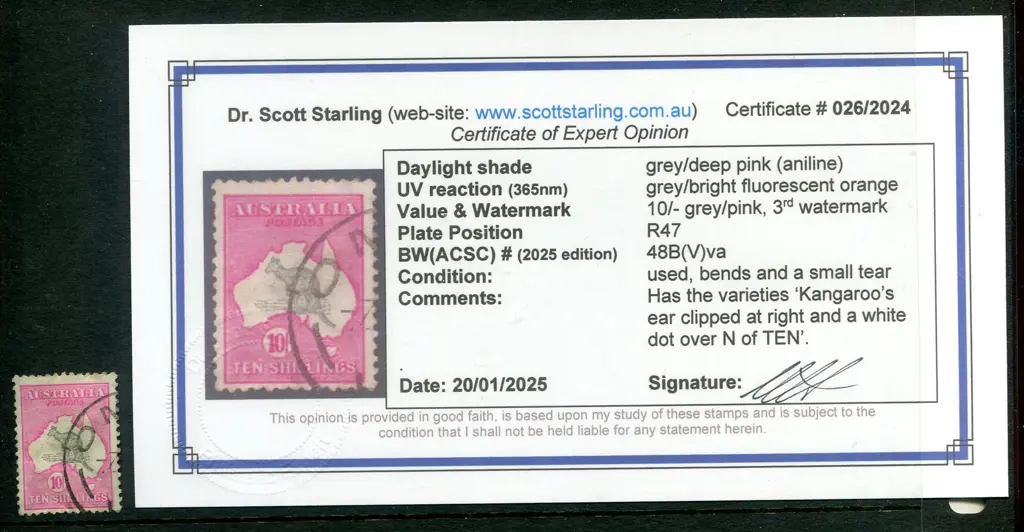 10/- grey & deep aniline pink with "Kangaroos ear ... Image 1++