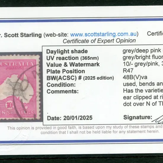 10/- grey & deep aniline pink with "Kangaroos ear ...