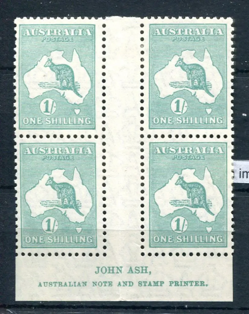 1/- blue-green, plate 4 John Ash imprint block of ... Image 1++