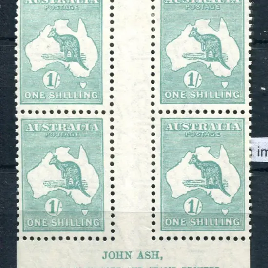 1/- blue-green, plate 4 John Ash imprint block of ...