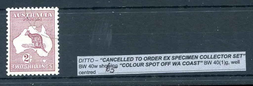 2/- maroon CTO with "colour spot off WA coast" ... Image 1++