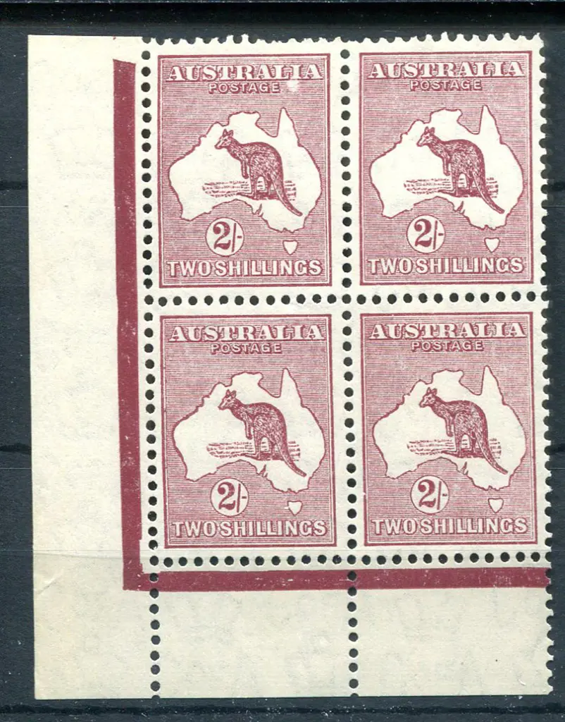 2/- reddish-maroon in bottom left marginal block f ... Image 1++