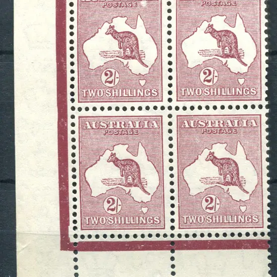2/- reddish-maroon in bottom left marginal block f ...