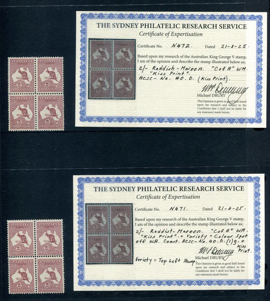 2/- reddish-maroon blocks of 4 x 2 both with kiss ... Image 1++