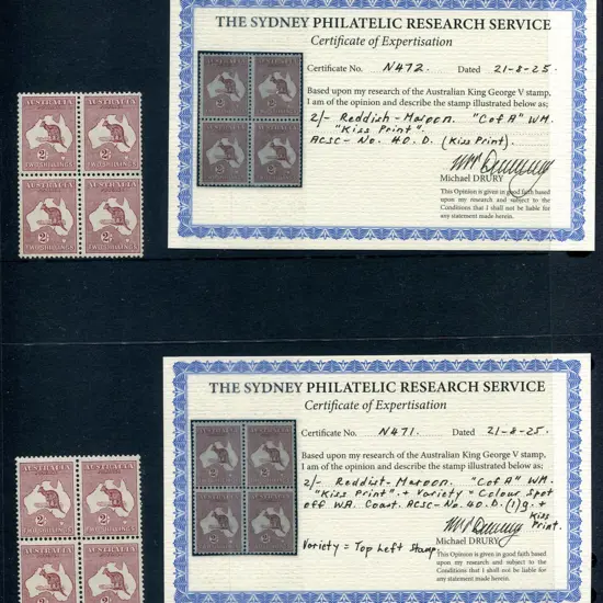 2/- reddish-maroon blocks of 4 x 2 both with kiss ...