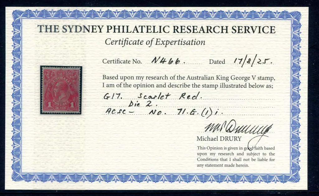 1d scarlet red, Die II. MNG. Drury Cert. (2025). ... Image 1++
