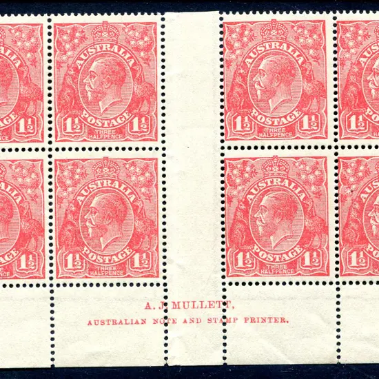 1½d red, Die I, electro 27 Mullett imprint block ...