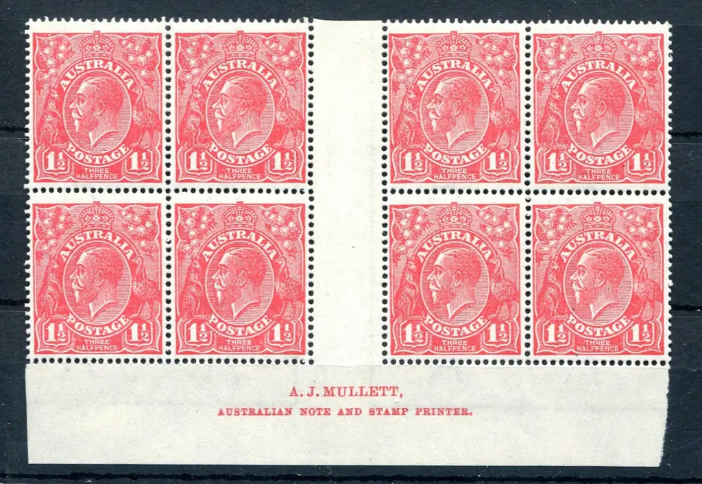 1½d red, Die I, electro 28 Mullett imprint block ... Image 1++