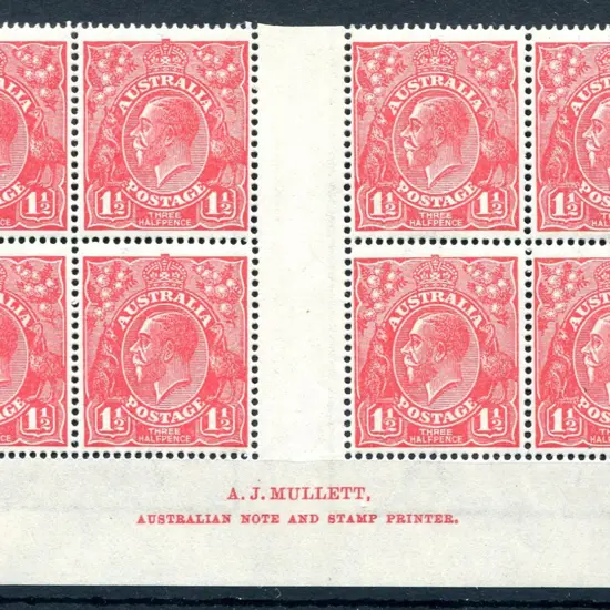 1½d red, Die I, electro 28 Mullett imprint block ...