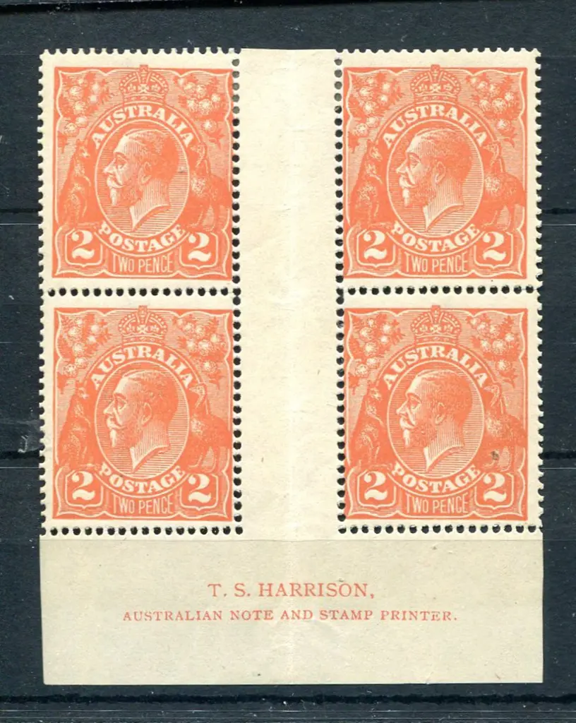 2d brown-orange Harrison imprint block of 4 with ... Image 1++