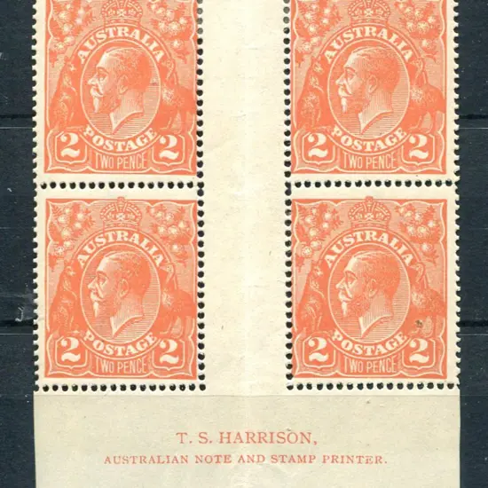 2d brown-orange Harrison imprint block of 4 with ...