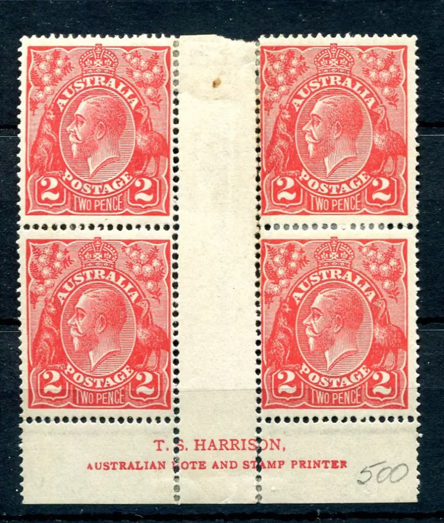 2d scarlet Harrison imprint block of 4. MLH with ... Image 1++