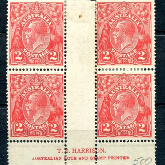 2d scarlet Harrison imprint block of 4. MLH with ...