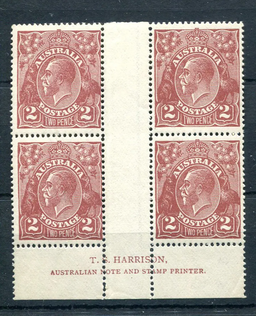 2d red-brown, electro 12 Harrison imprint block of ... Image 1++