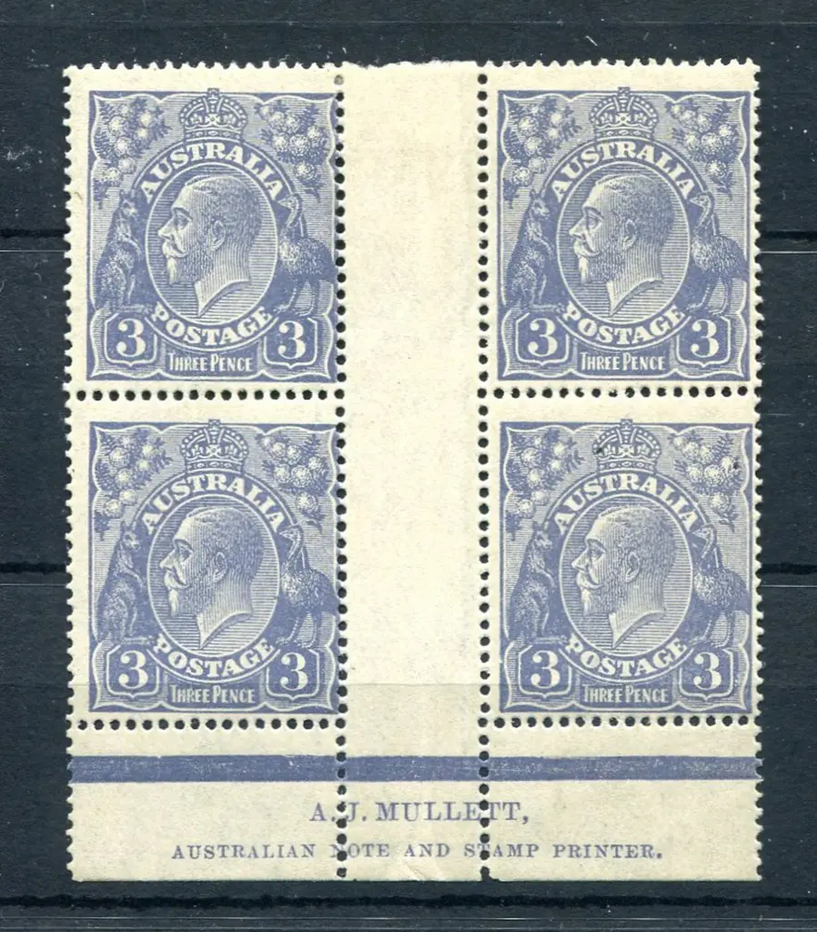 3d blue, Die 1a Mullett imprint block of 4 with ... Image 1++