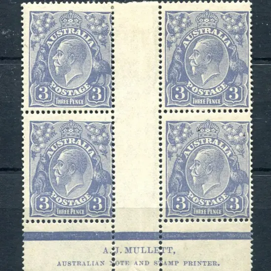 3d blue, Die 1a Mullett imprint block of 4 with ...
