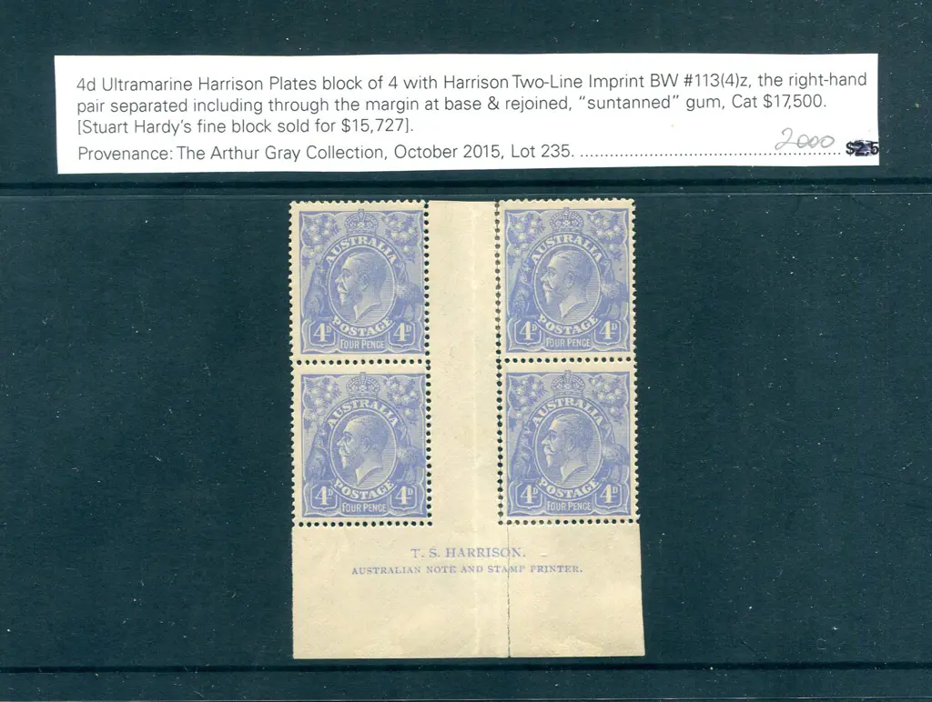 4d ultramarine Harrison 2 line imprint block of 4 ... Image 1++