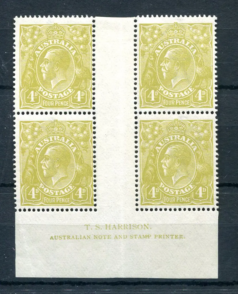 4d olive, plate 4 Harrison imprint block of 4 with ... Image 1++