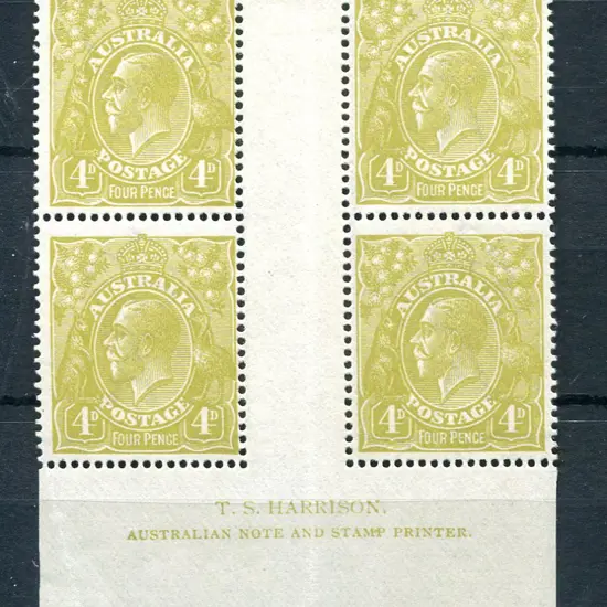 4d olive, plate 4 Harrison imprint block of 4 with ...