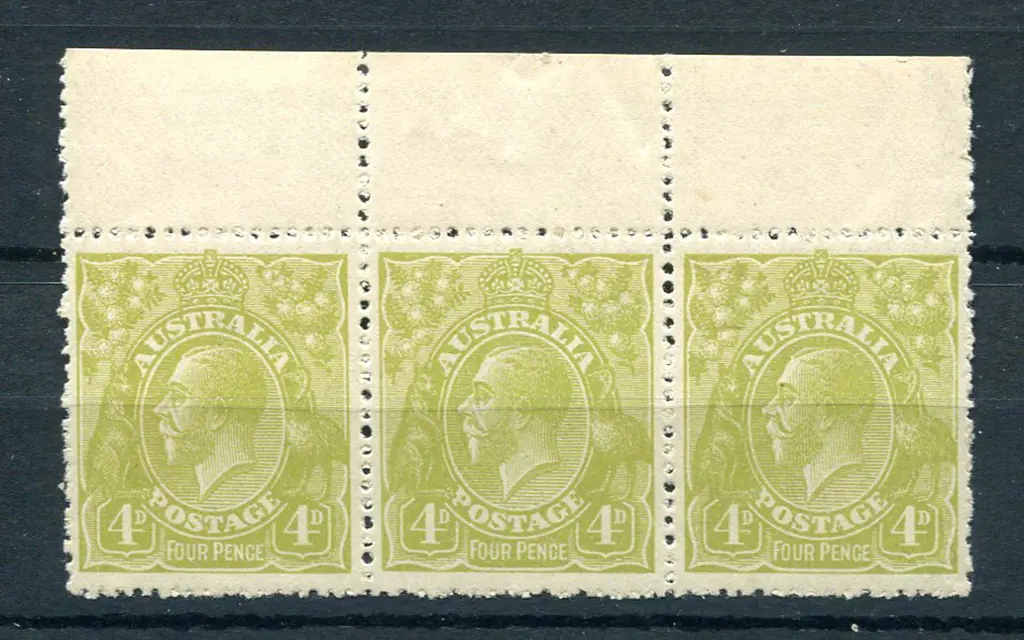4d greenish olive top selvedge strip of 3 on ... Image 1++