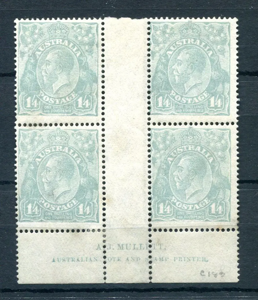 1/4d pale greenish blue Mullett imprint block. ... Image 1++