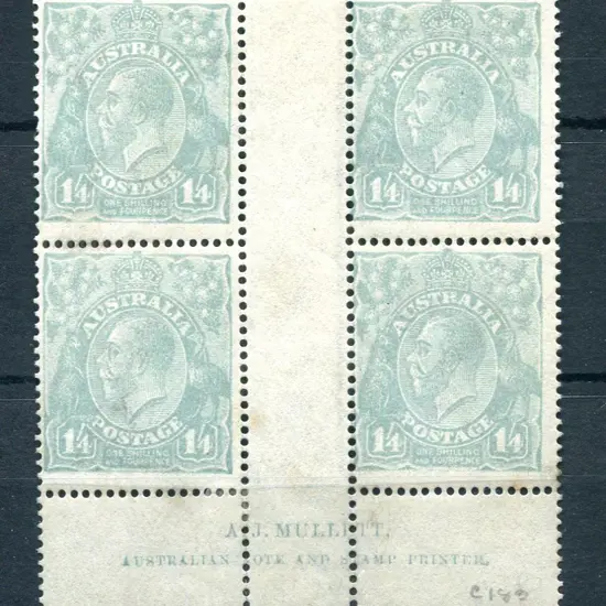 1/4d pale greenish blue Mullett imprint block. ...