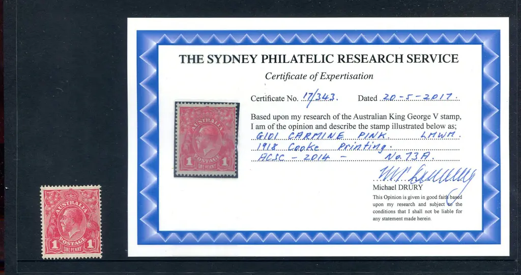 1d carmine-pink from Cooke Printing. Drury Cert. ... Image 1++