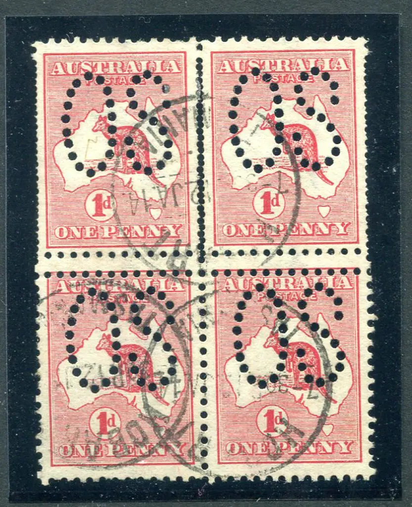 1913 1d red, Die I block of 4 perfined large "OS" ... Image 1++
