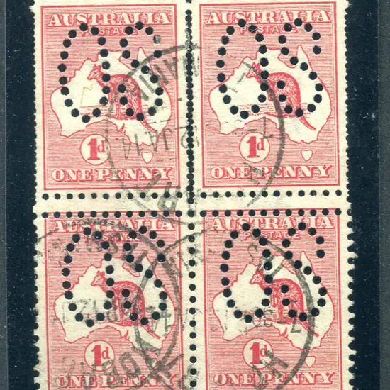 1913 1d red, Die I block of 4 perfined large "OS" ...