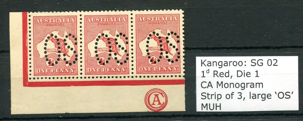 1913 1d red, Die I CA Monogram strip of 3 perfined ... Image 1++