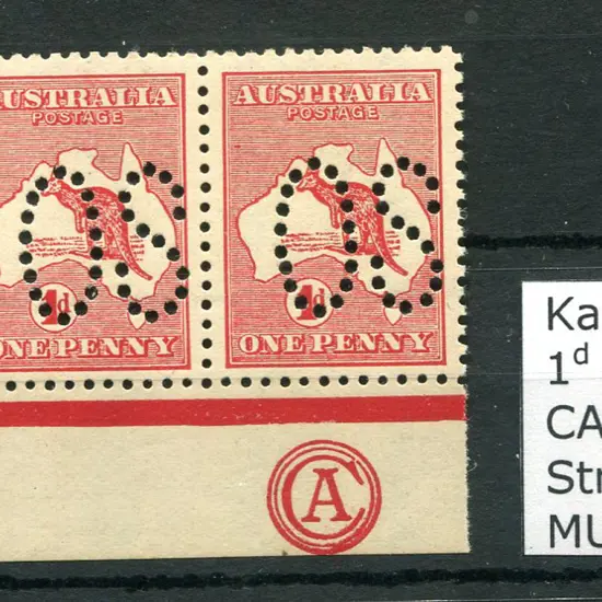 1913 1d red, Die I CA Monogram strip of 3 perfined ...