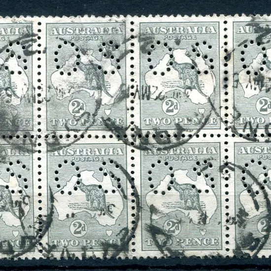1913 2d grey, 1st wmk perfined small "OS" block of ...